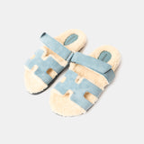 Hermès Chypre Peau Lainee Bleu Pinède / Écru Sandals
