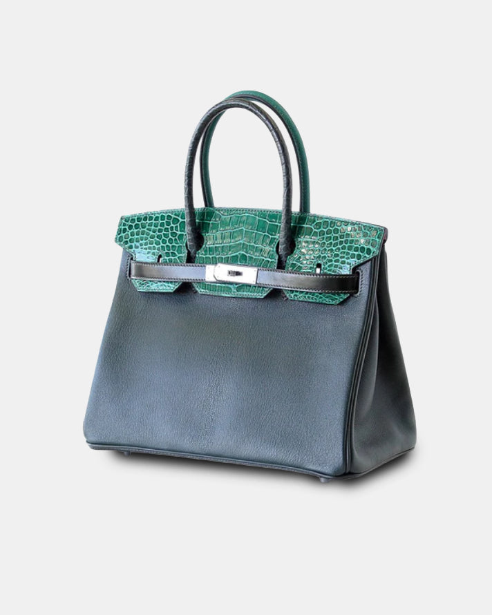 Hermès Birkin 30 Patchwork Vert Fonce, Vert Emerald, Vert Titien, Malachite & Rose Azalee. Porosus Crocodile, Chevre, Epsom, Clemence, PHW