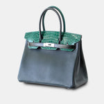 Hermès Birkin 30 Patchwork Vert Fonce, Vert Emerald, Vert Titien, Malachite & Rose Azalee. Porosus Crocodile, Chevre, Epsom, Clemence, PHW