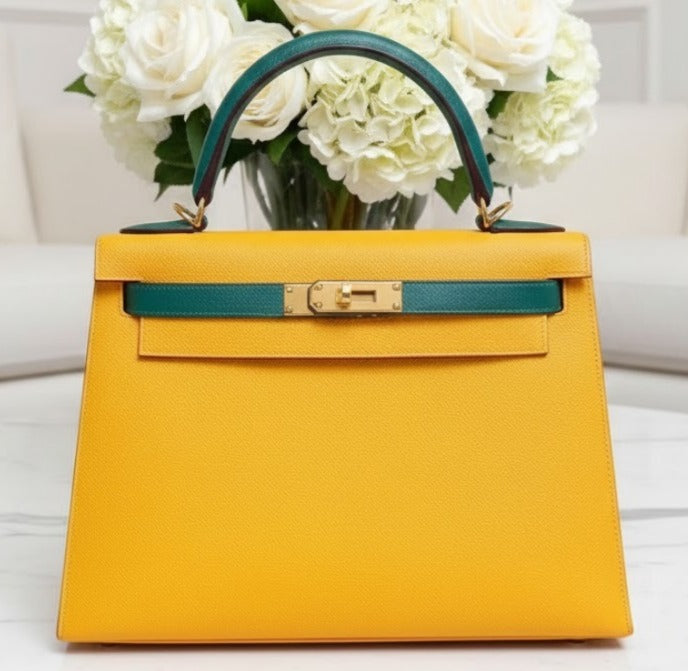 Hermès Kelly 28 Sellier Jaune d'Or/Malachite Epsom GHW