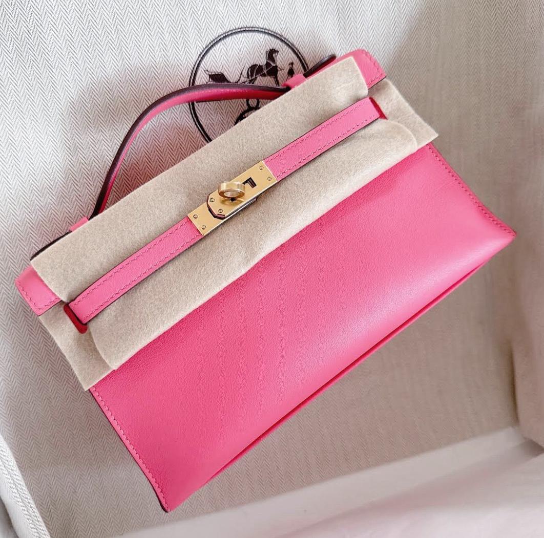 Hermès Kelly Pochette Rose Azalee Swift GHW
