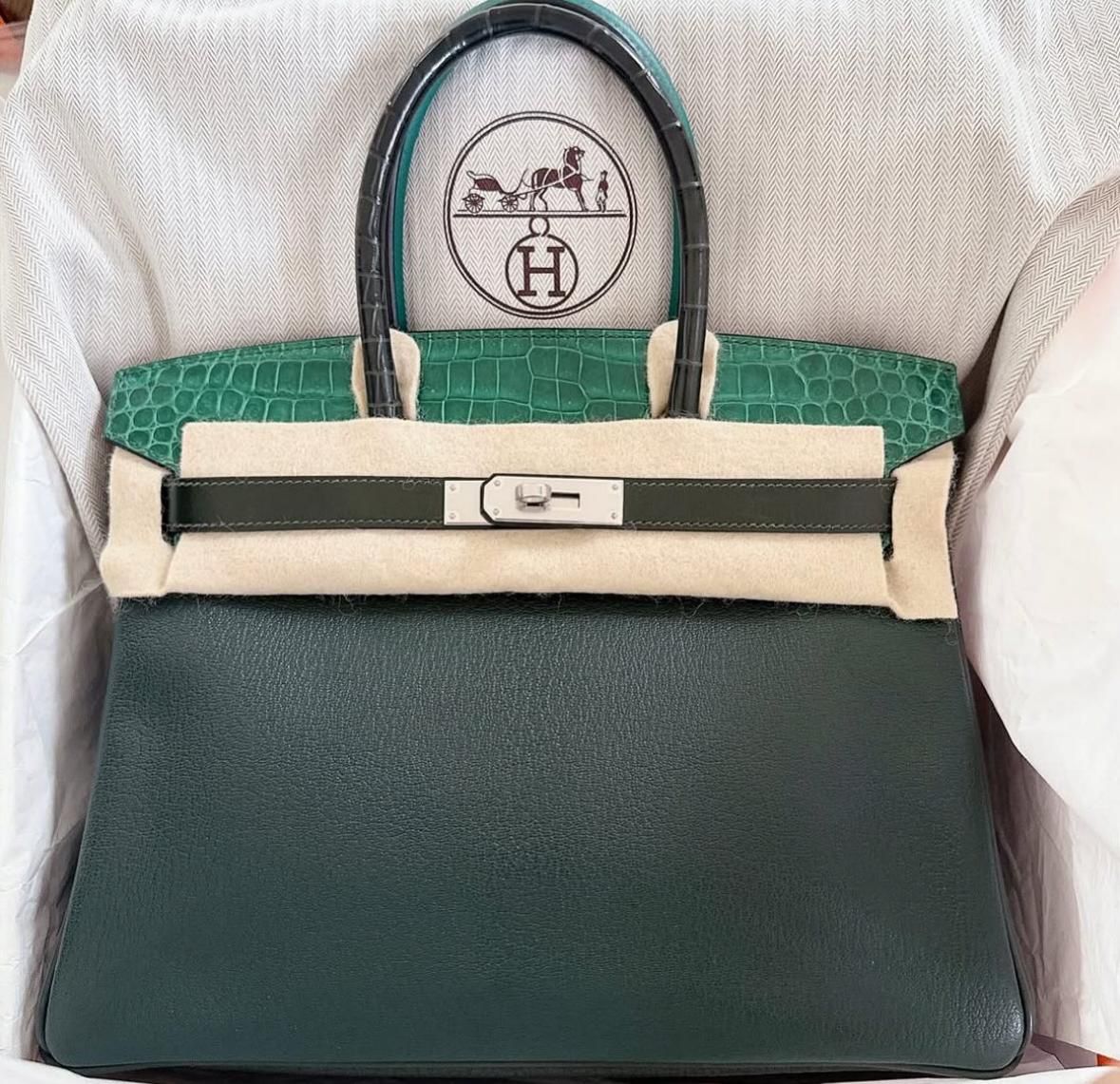 Hermès Birkin 30 Patchwork Vert Fonce, Vert Emerald, Vert Titien, Malachite & Rose Azalee. Porosus Crocodile, Chevre, Epsom, Clemence, PHW