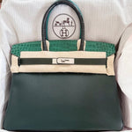 Hermès Birkin 30 Patchwork Vert Fonce, Vert Emerald, Vert Titien, Malachite & Rose Azalee. Porosus Crocodile, Chevre, Epsom, Clemence, PHW