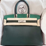Hermès Birkin 30 Patchwork Vert Fonce, Vert Emerald, Vert Titien, Malachite & Rose Azalee. Porosus Crocodile, Chevre, Epsom, Clemence, PHW
