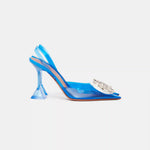 Amina Muaddi Rosie Glass PVC transparent blue slingback pumps with crystal buckle detail
