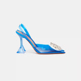 Amina Muaddi Rosie Glass PVC transparent blue slingback pumps with crystal buckle detail