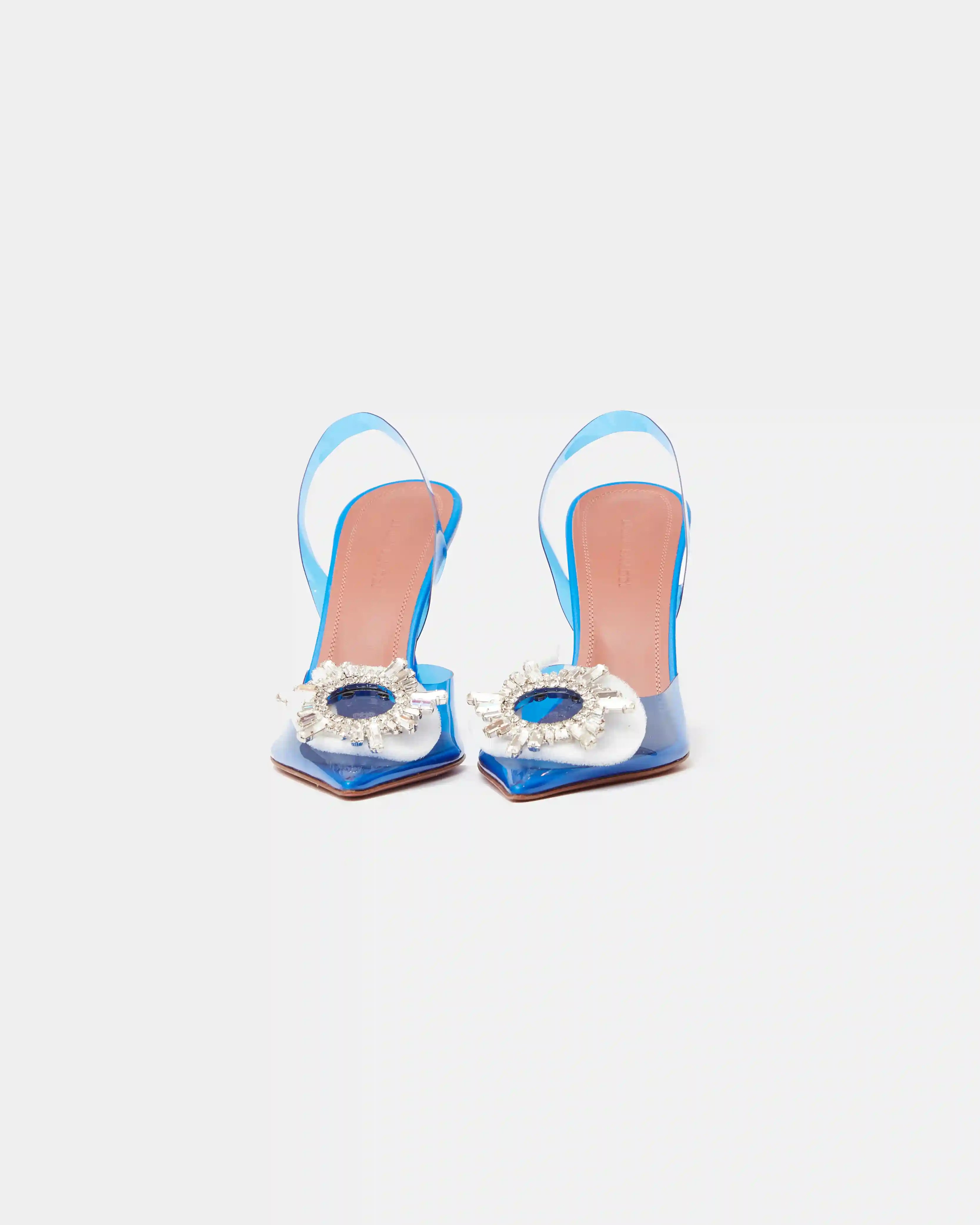 Amina Muaddi Rosie Glass PVC transparent blue slingback pumps with crystal buckle detail