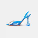 Amina Muaddi Rosie Glass PVC transparent blue slingback pumps with crystal buckle detail