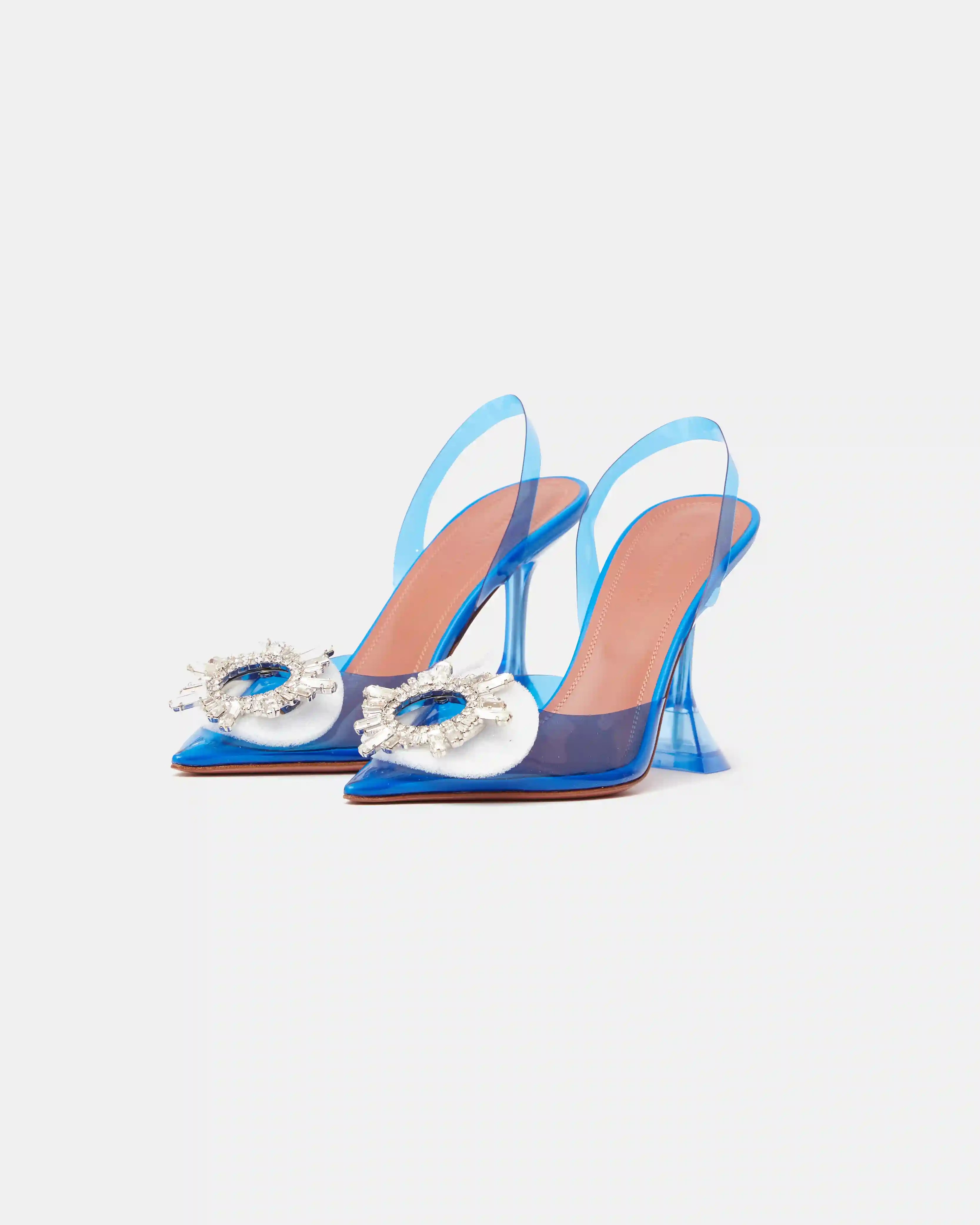 Amina Muaddi Rosie Glass PVC transparent blue slingback pumps with crystal buckle detail