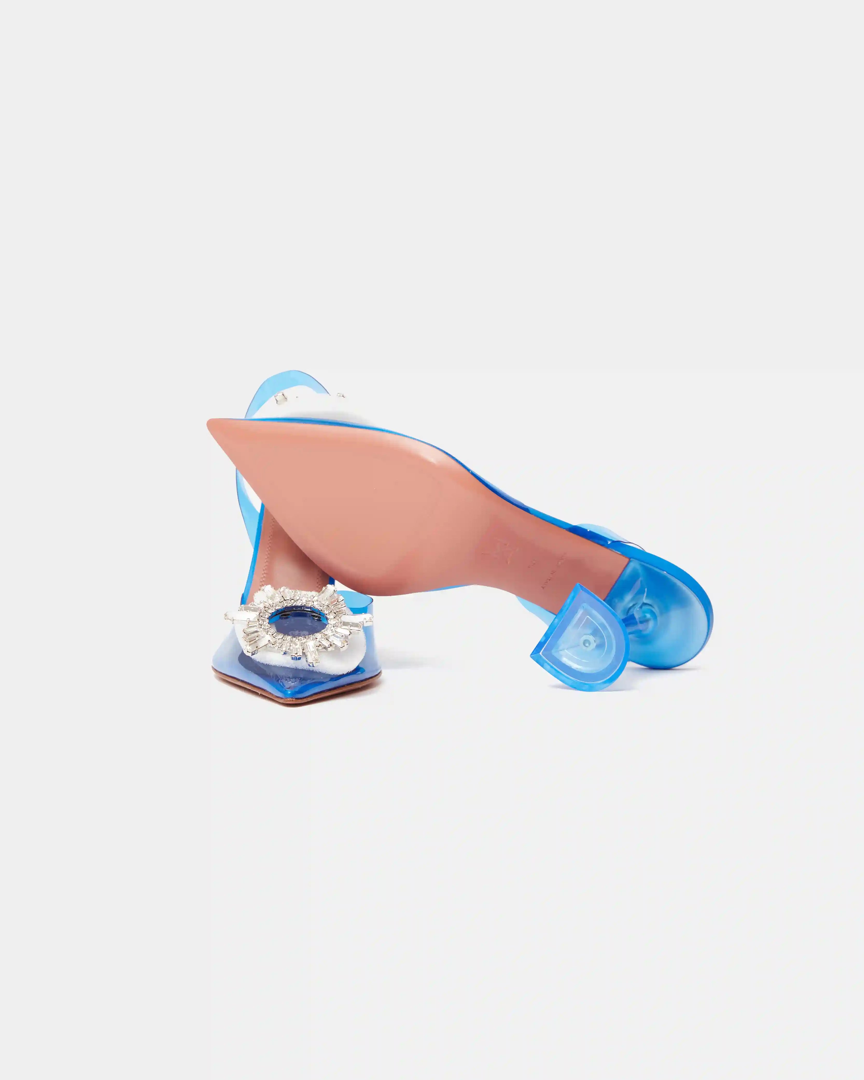 Amina Muaddi Rosie Glass PVC transparent blue slingback pumps with crystal buckle detail