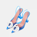 Amina Muaddi Rosie Glass PVC transparent blue slingback pumps with crystal buckle detail