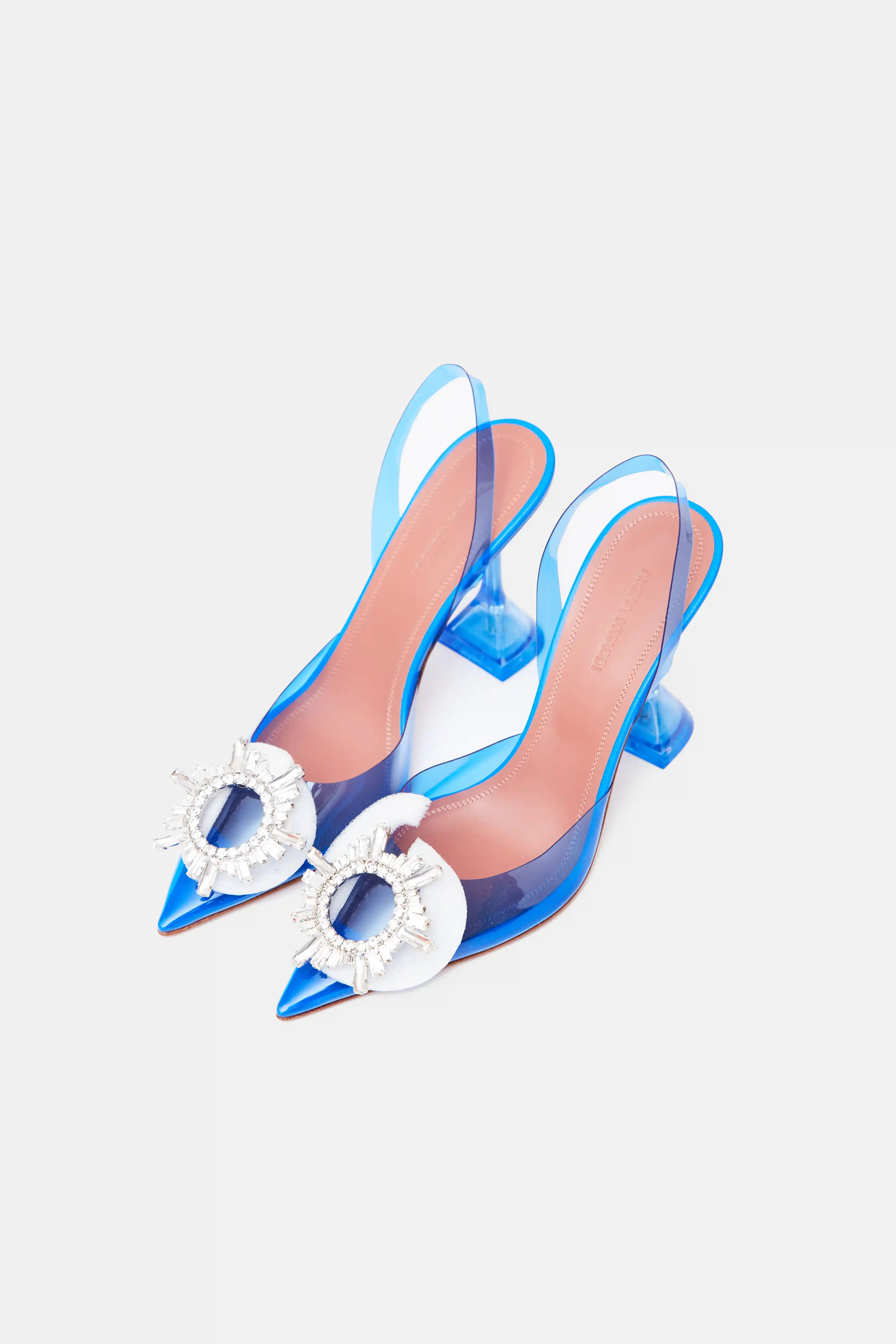 Amina Muaddi Rosie Glass PVC transparent blue slingback pumps with crystal buckle detail