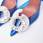 Amina Muaddi Rosie Glass PVC transparent blue slingback pumps with crystal buckle detail