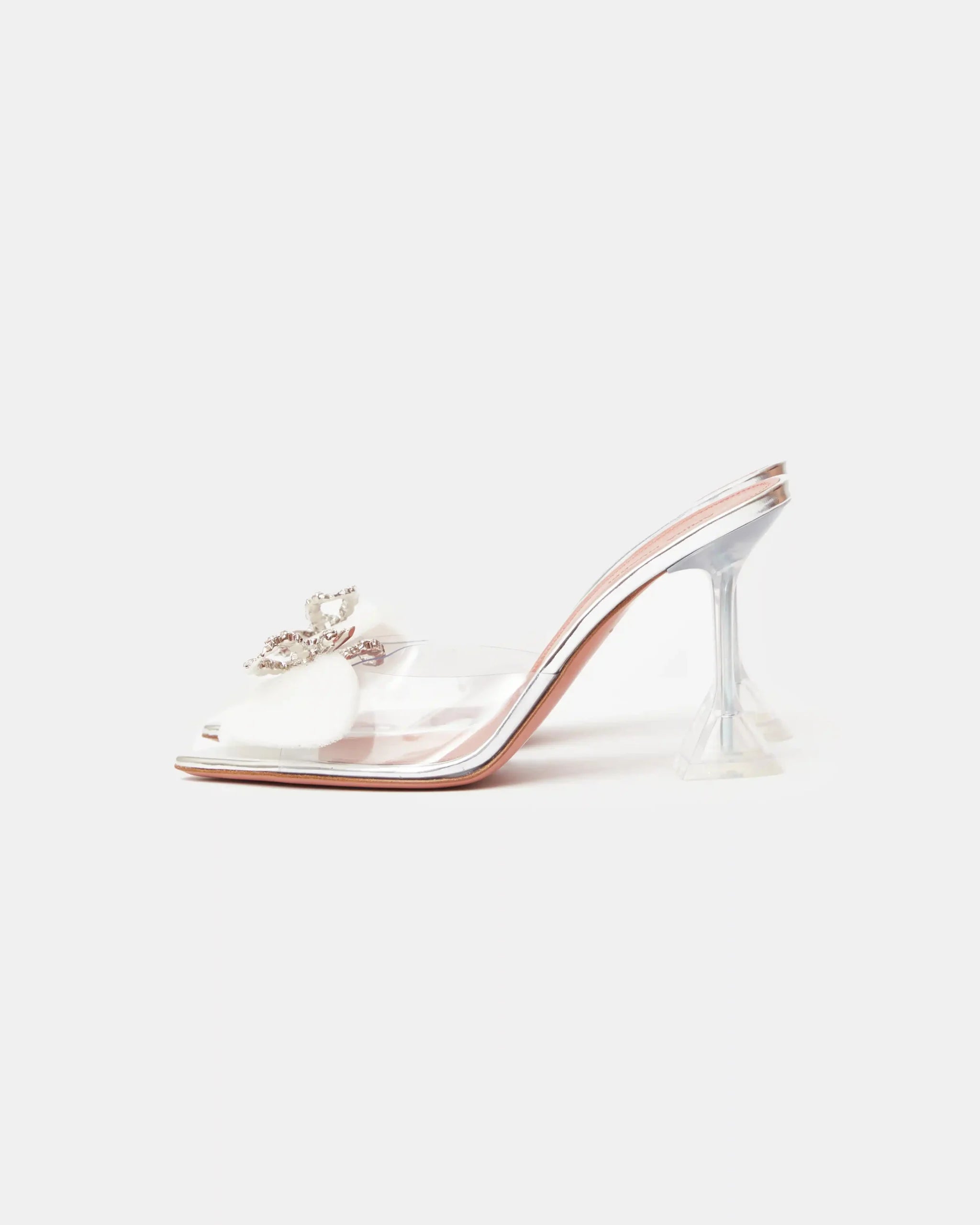 Amina Muaddi Rosie Glass PVC transparent heeled slippers with rhinestone bow detail