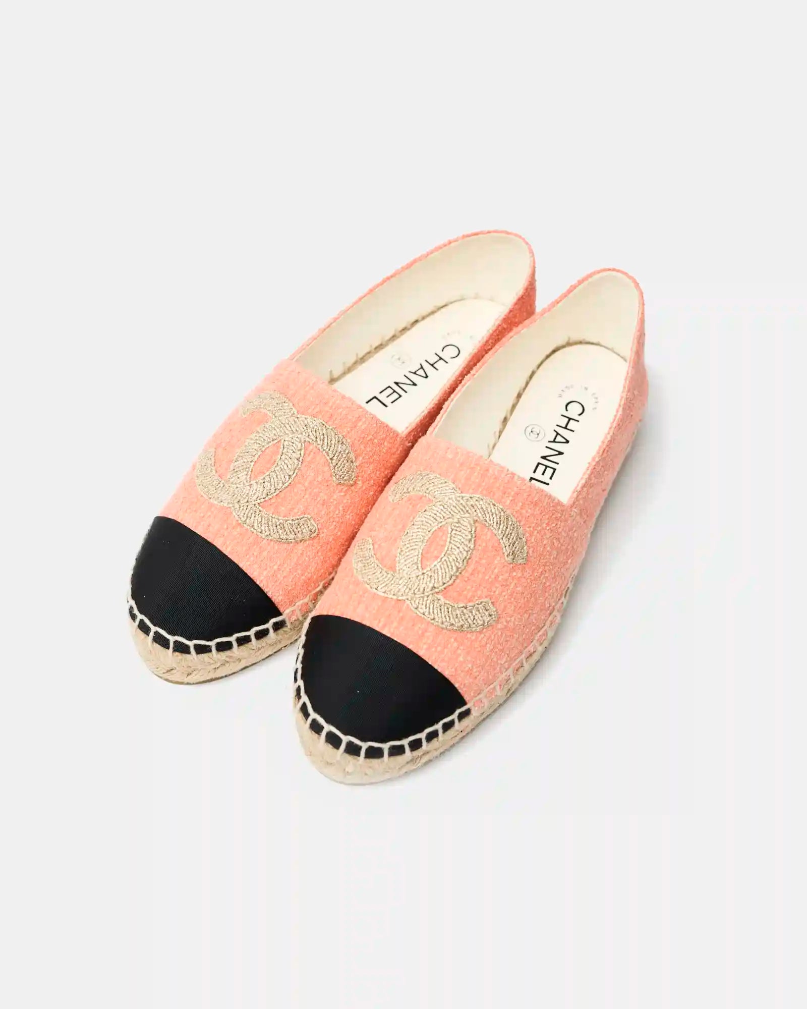 Chanel Light Orange Cotton Tweed Fabric and Grosgrain Espadrilles